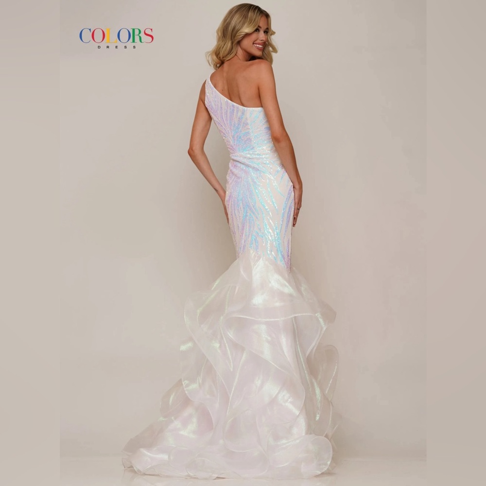 *WORN ONCE* One-shoulder sequin mermaid gown w/ ruffled organza skirt - Picture 3 of 6